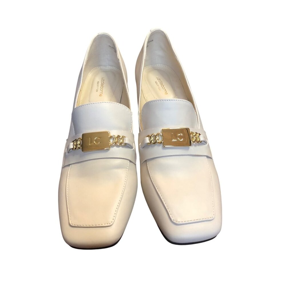 Liz Claiborne Womens Cream White Loafer Heels W/ Gold Chain Accent Size 8.5 M